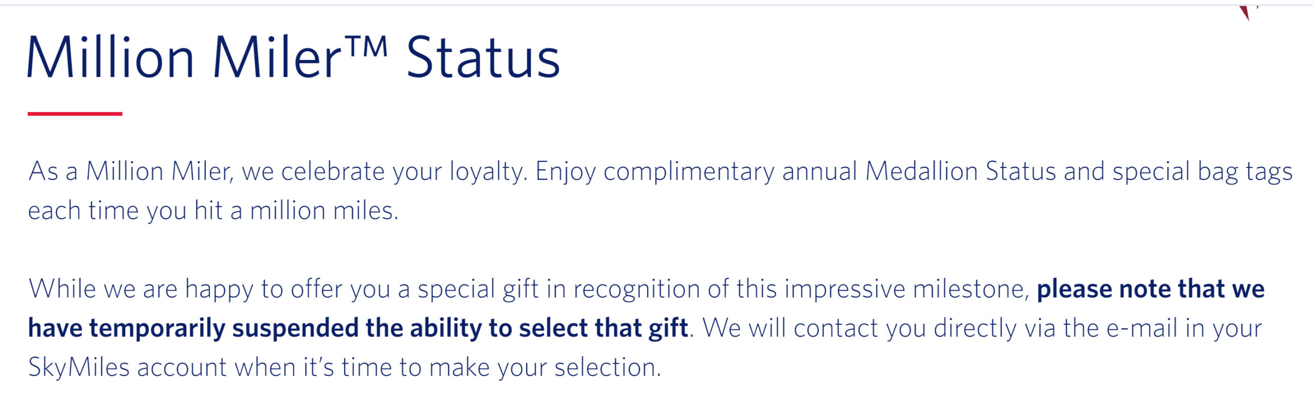 Delta Suspends Million Miler Gifts