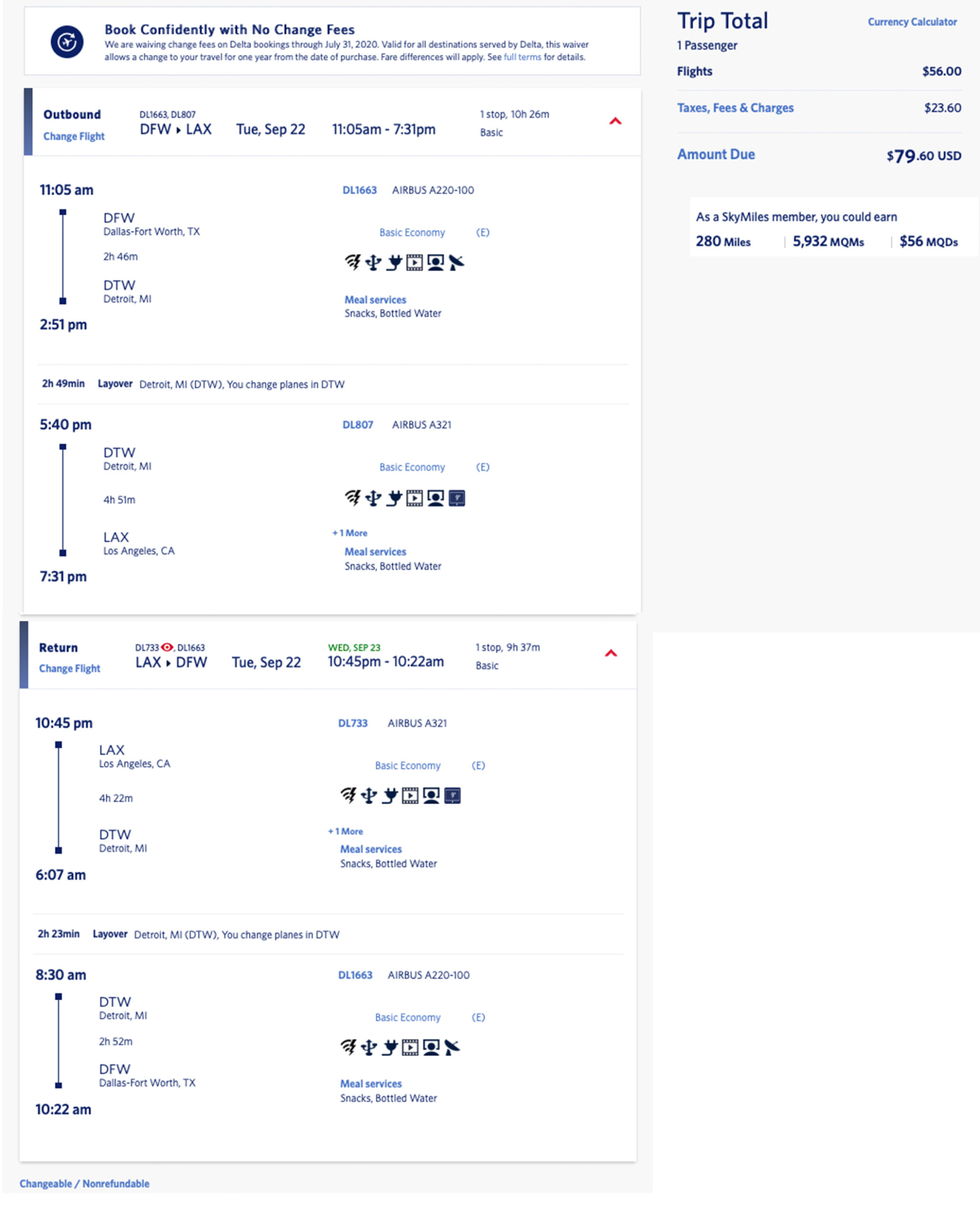 Delta Elite Mileage Run: Dallas-DFW to LAX (and Vice Versa!) via DTW: 2.5 CPM in Main Cabin, 1.3 CPM in Basic Economy!