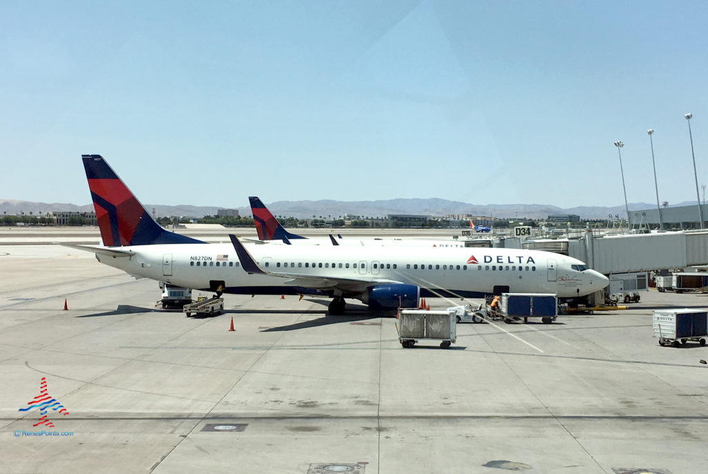 A Delta Air Lines 737-900ER, tail number N827DN and dedicated to the carrier's founder, Collett E. Woolman, is seen parked at gate D34 of Las Vegas McCarran Airport (LAS) in Nevada.