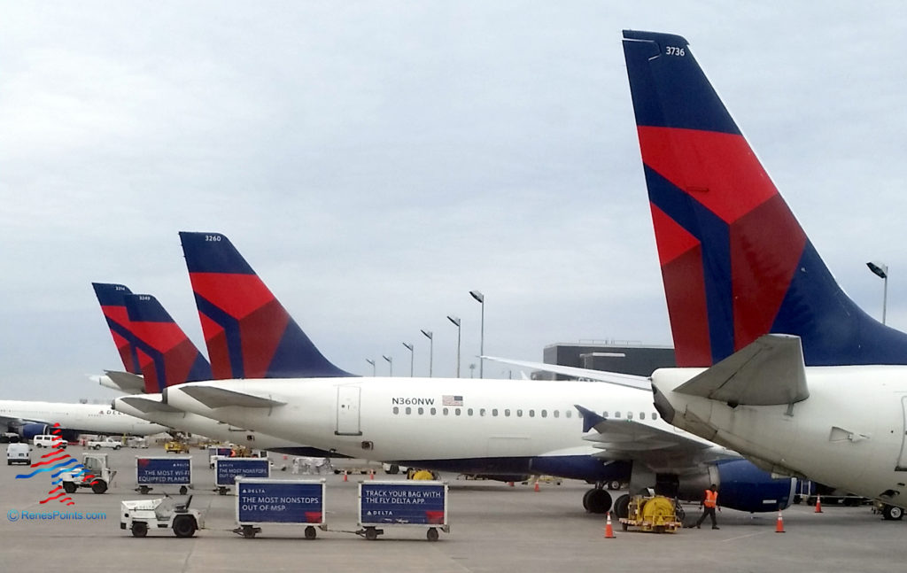 Delta jet tails are seen at Minneapolis−Saint Paul International Airport (MSP) in Bloomington, Minnesota.