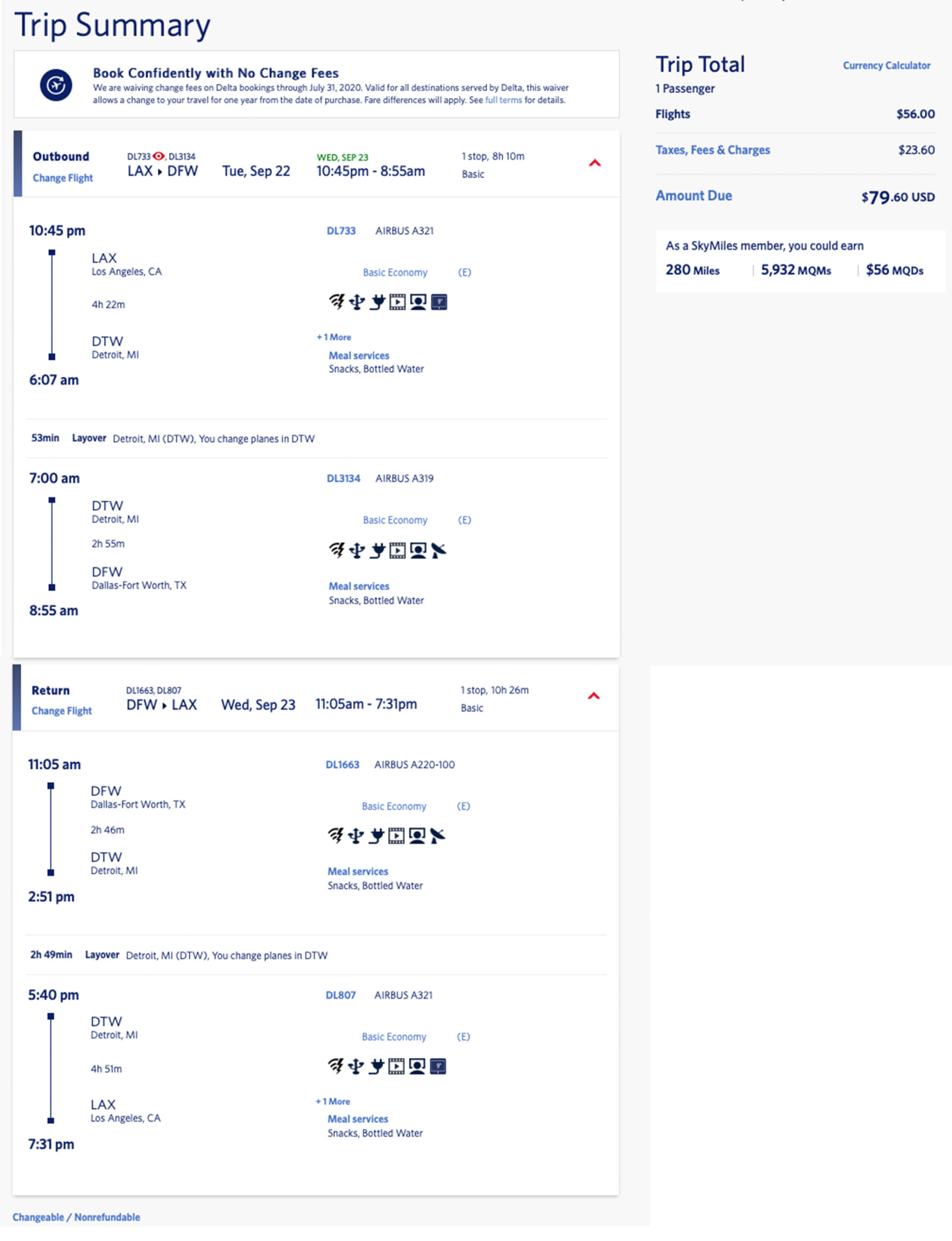Delta Elite Mileage Run: Dallas-DFW to LAX (and Vice Versa!) via DTW: 2.5 CPM in Main Cabin, 1.3 CPM in Basic Economy!