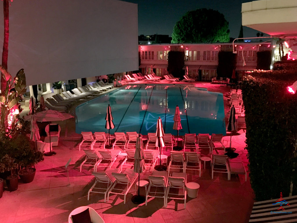 The swimming pool at seen during night at The Beverly Hilton Hotel in Beverly Hills, California, a section of Los Angeles County.