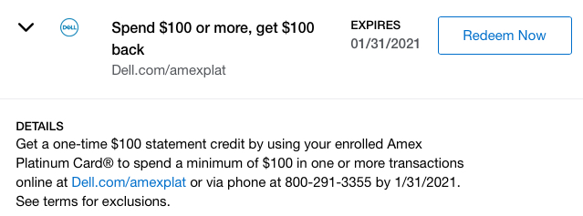 Amex Platinum $100 Dell offer