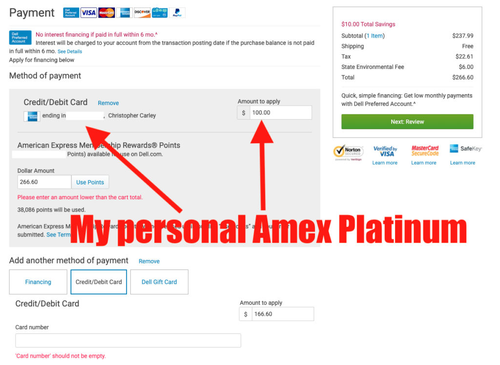 Paying with split payment for a Dell purchase: Platinum Card® from American Express for $100.
