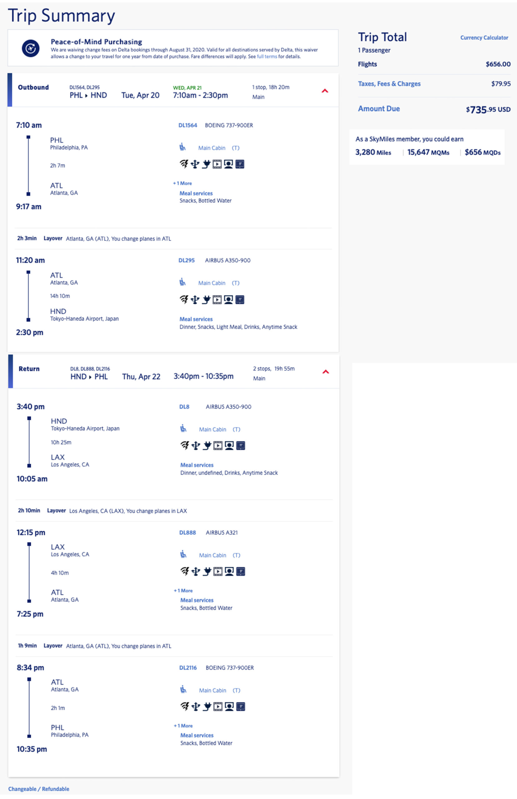Philadelphia to Tokyo Delta mileage run in April 2020