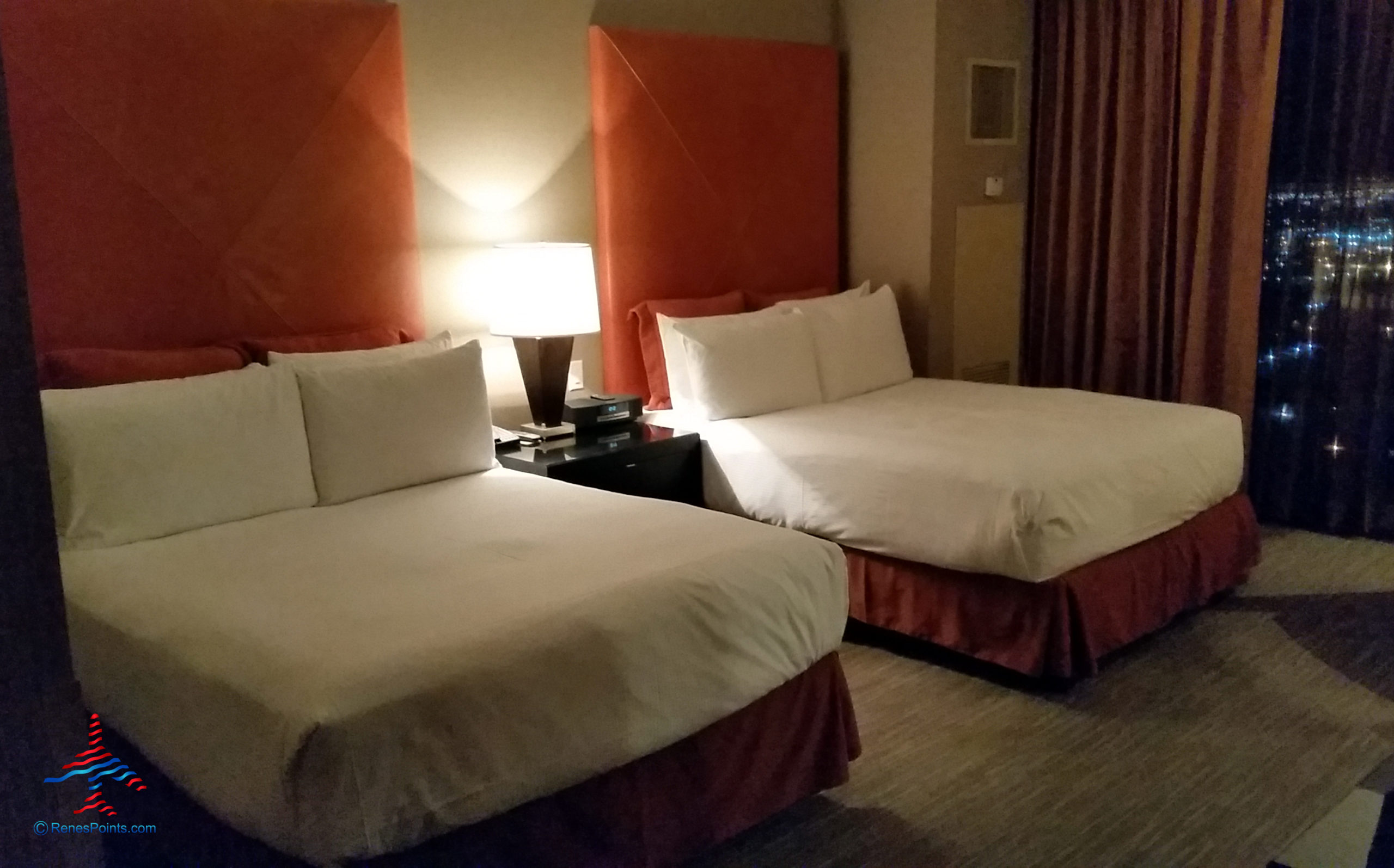 Two queen beds are seen inside a Salon Suite hotel room at Palms Casino Resort in Las Vegas, Nevada.