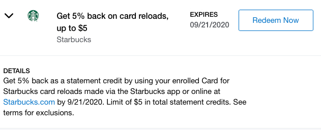 Starbucks Amex Offer, valid through September 21, 2020.