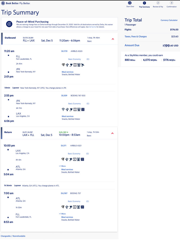 Ft. Lauderdale (FLL) to Los Angeles (LAX) Delta elite mileage run during December 2020.