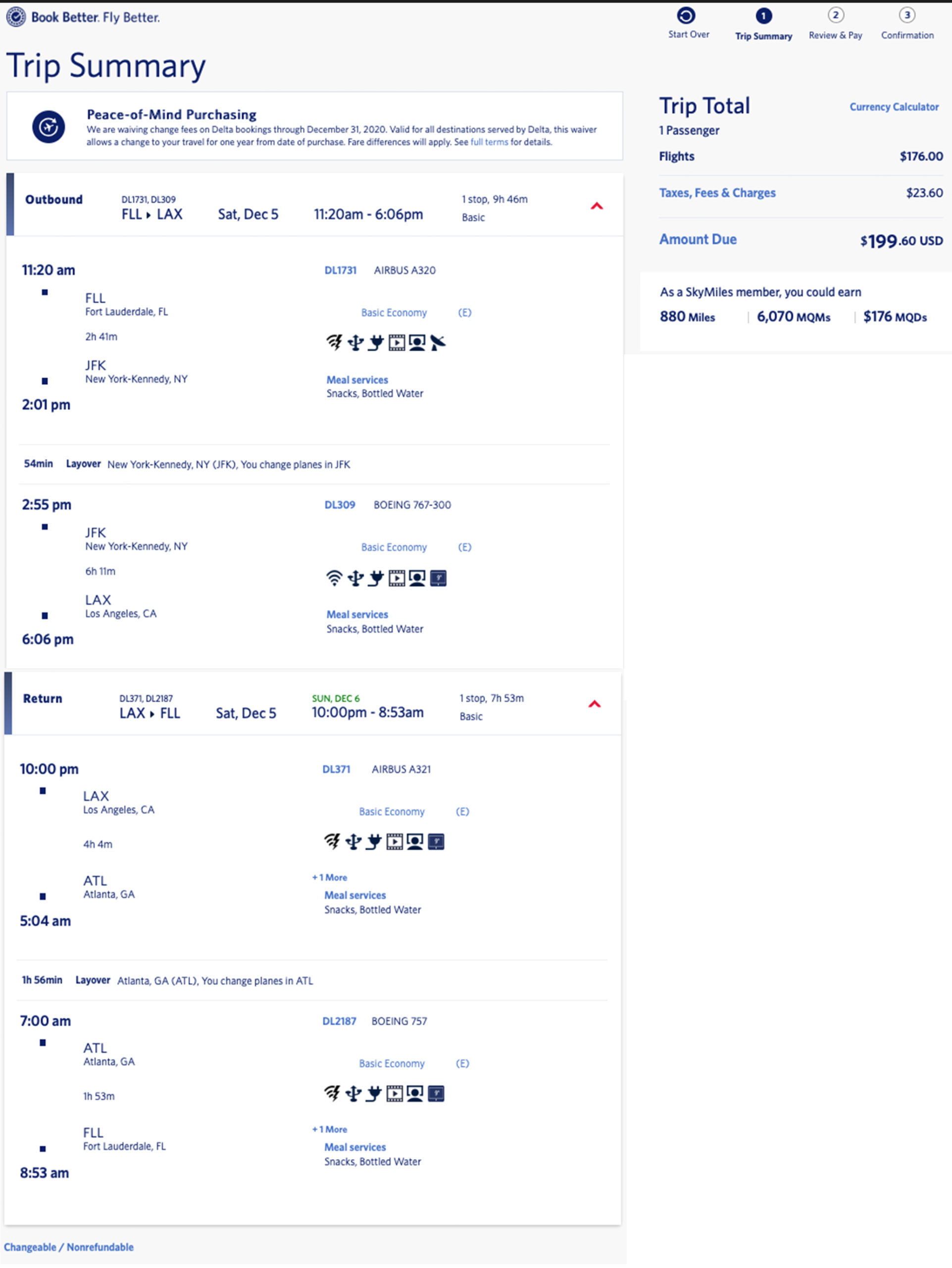 Ft. Lauderdale (FLL) to Los Angeles (LAX) Delta elite mileage run during December 2020.