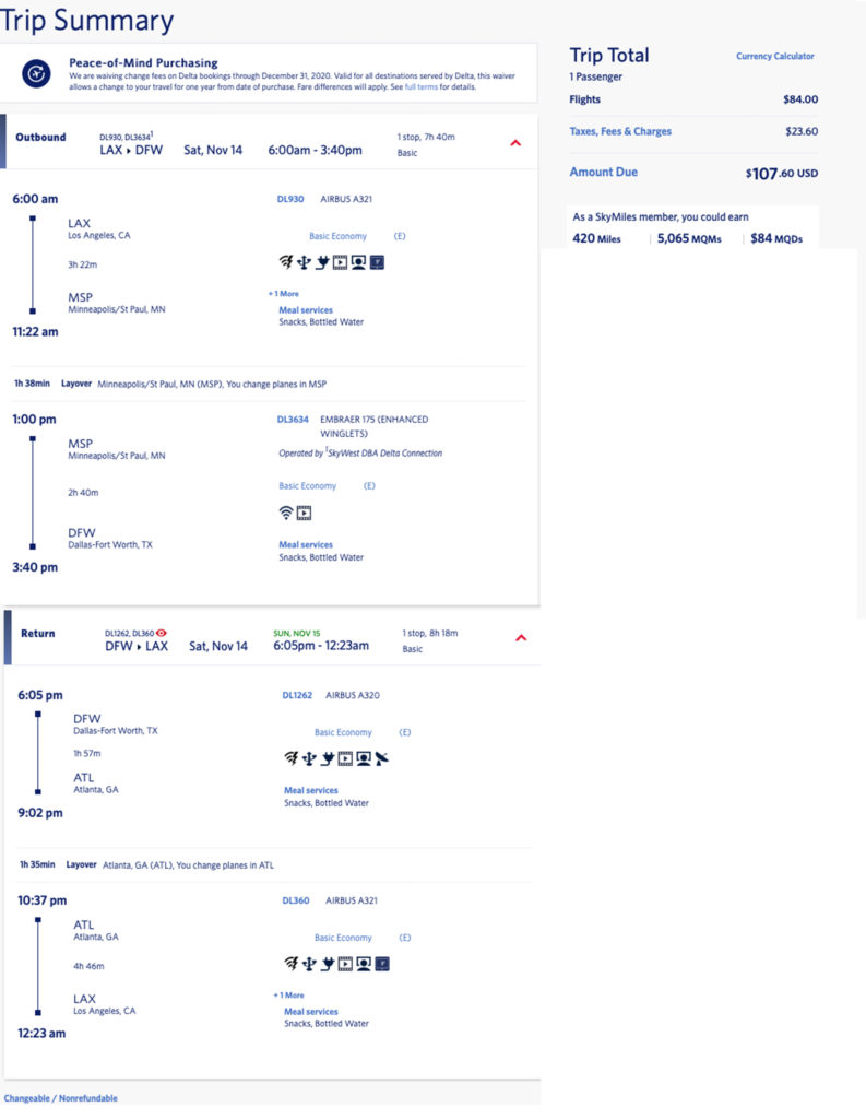 LAX to DFW Delta mileage run in November 2020.