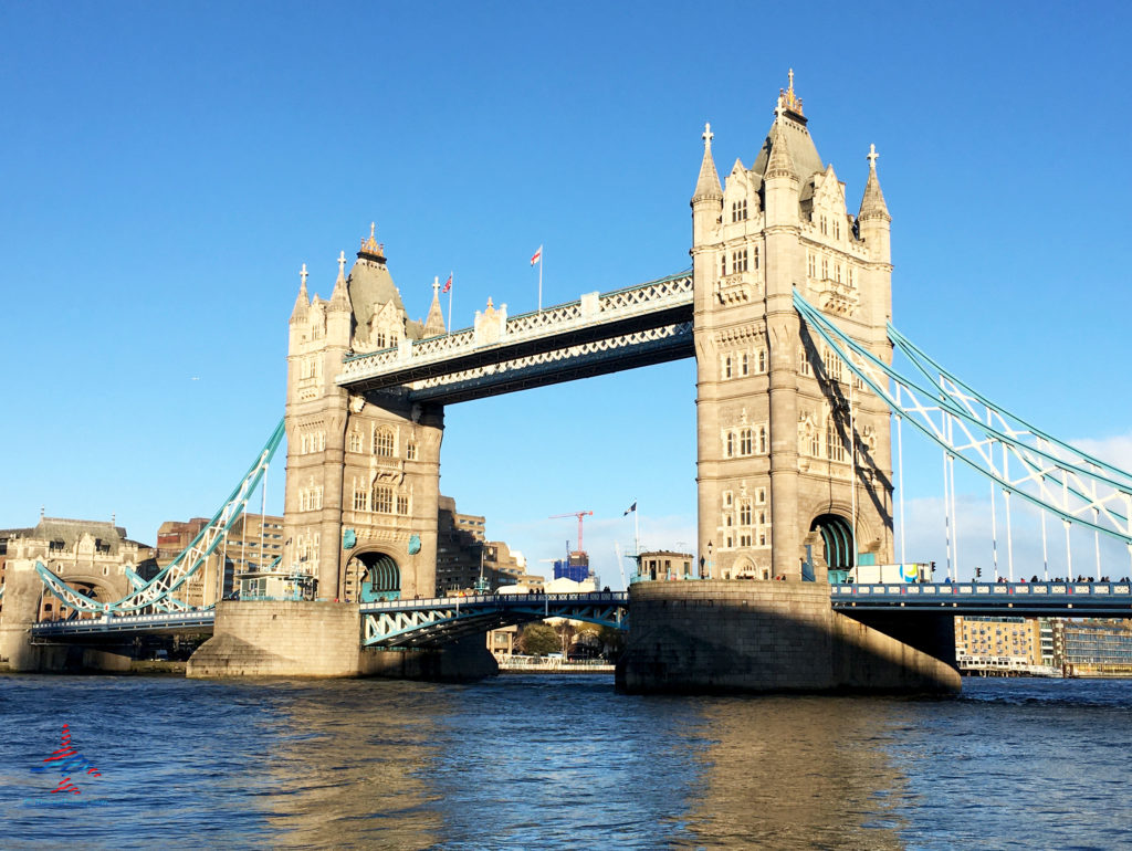 The Tower Bridge spans the Thames River in London, England, United Kingdom.