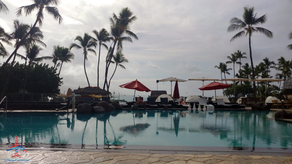 a pool with umbrellas and chairs and palm trees