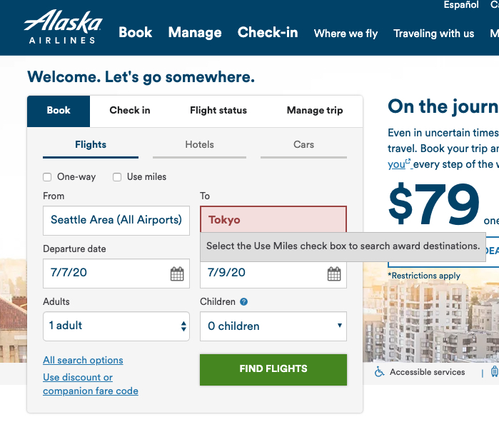 Alaska Airlines search from SEA to Tokyo.