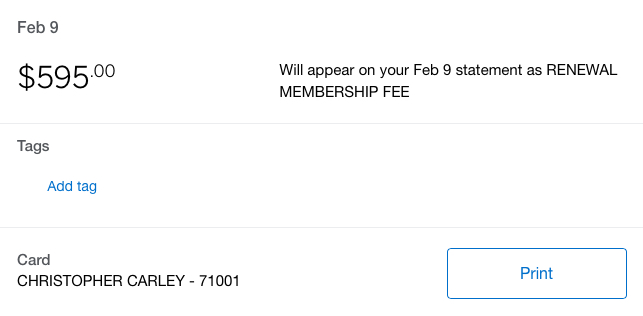 Annual fee billed to a Business Platinum Card® from American Express.