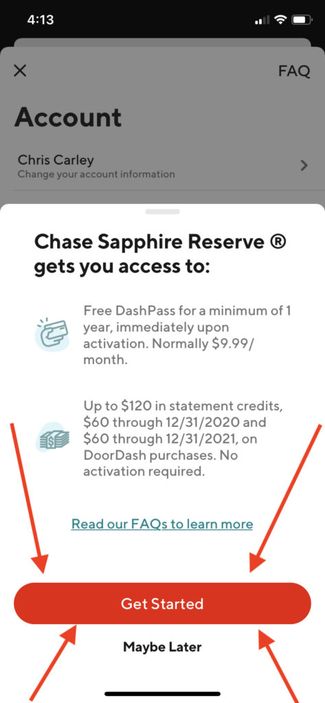 Chase Sapphire Reserve® DoorDash benefits explained in the DoorDash app.