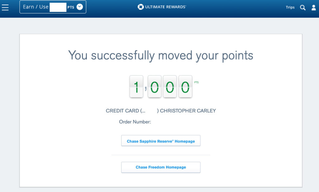 Confirmation that Ultimate Rewards points were transferred from a Chase Freedom Flex® card to a Chase Sapphire Reserve® card.
