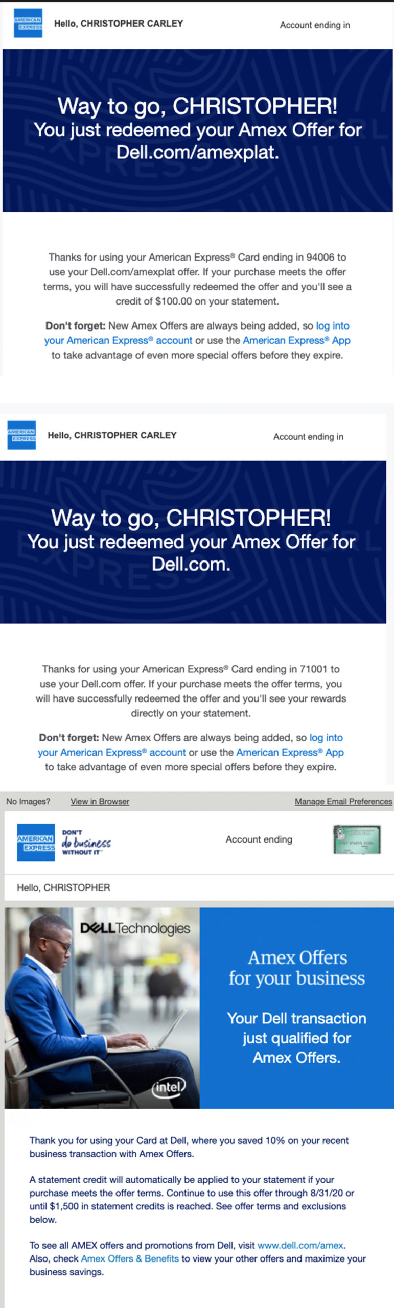 Emails confirming multiple Amex Offers for Dell purchases.