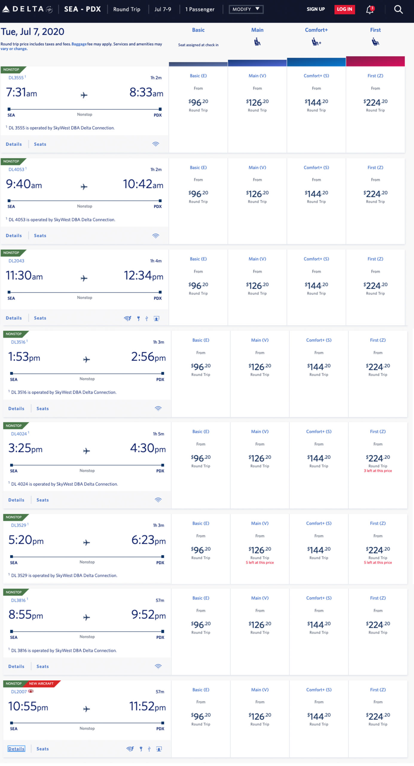 Delta flights from SEA to PDX on July 7, 2020.