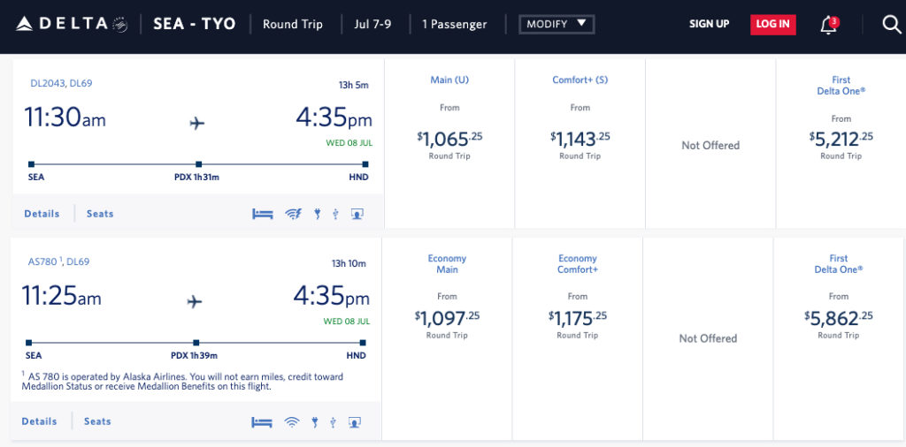 Delta itineraries from Seattle to Portland to Tokyo.