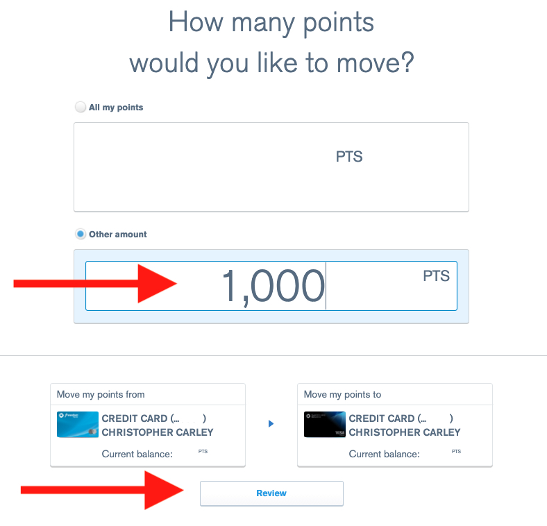 Select how many points you want to move between Chase Ultimate Rewards® cards.