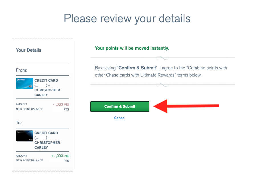 Make sure everything looks good before transferring your Chase Ultimate Rewards® points.