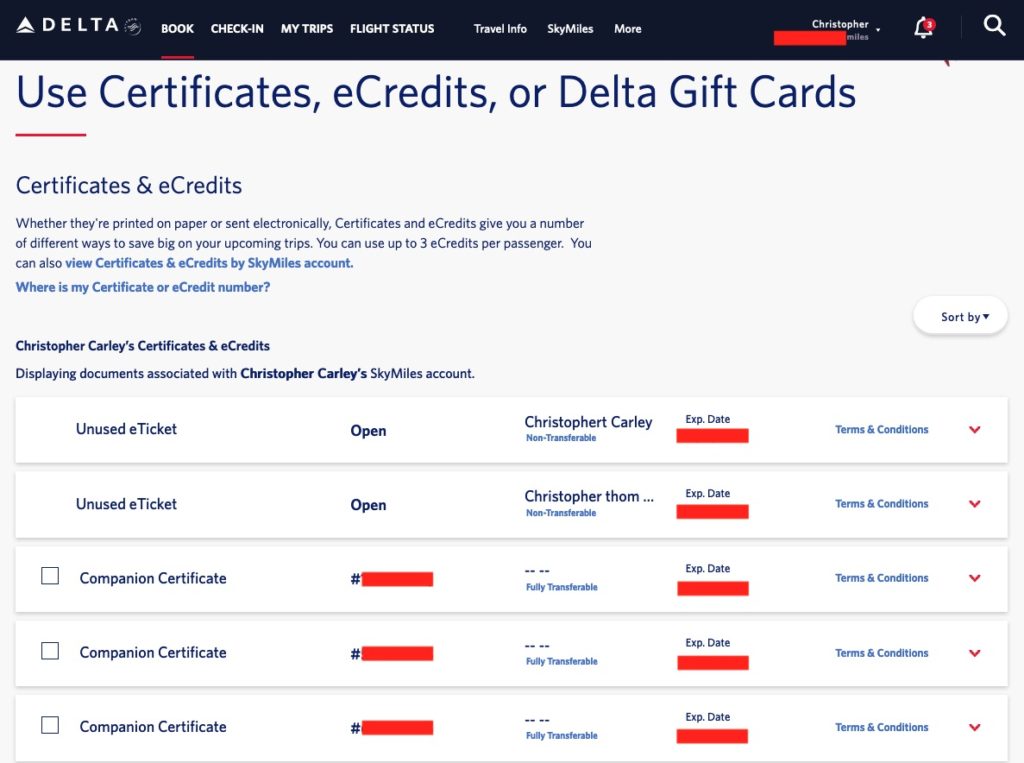 Successful login to the Delta Certificates, eCredits, or Delta Gift Cards Page -- using Firefox
