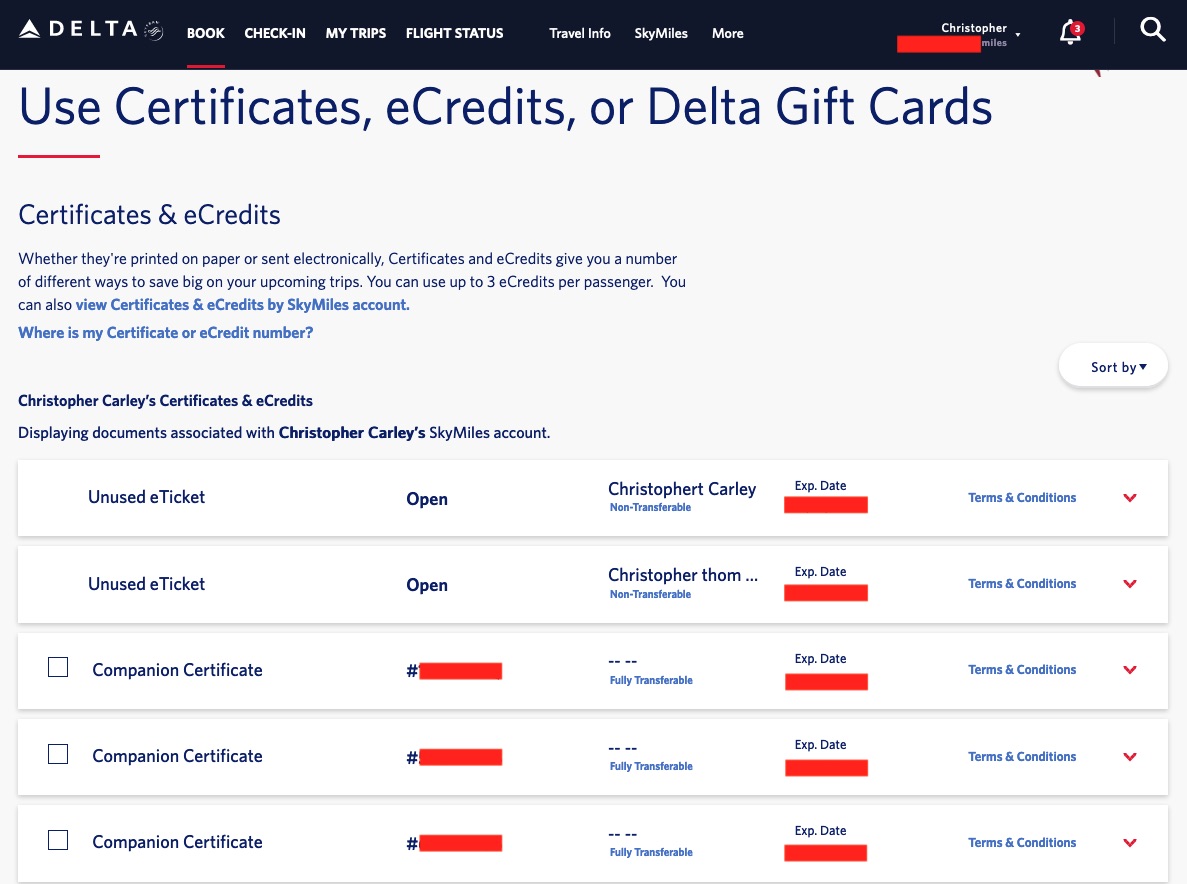 Successful login to the Delta Certificates, eCredits, or Delta Gift Cards Page -- using Firefox