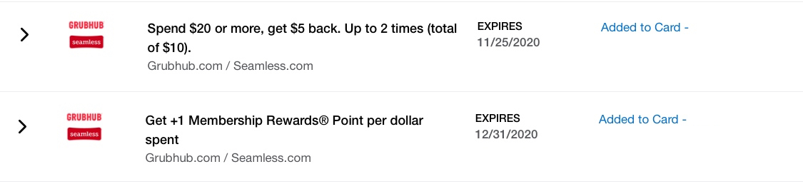 Grubhub and Seamless Amex Offer for $5 back on orders of $20 or more.