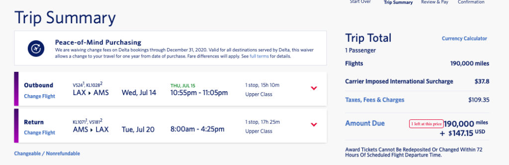 LAX to Amsterdam: 190,000 SkyMiles roundtrip in Virgin Upper Class and KLM Europe Business Class.