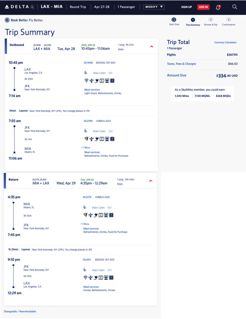 Delta mileage run: LAX to Miami via JFK in April 28, 2020.