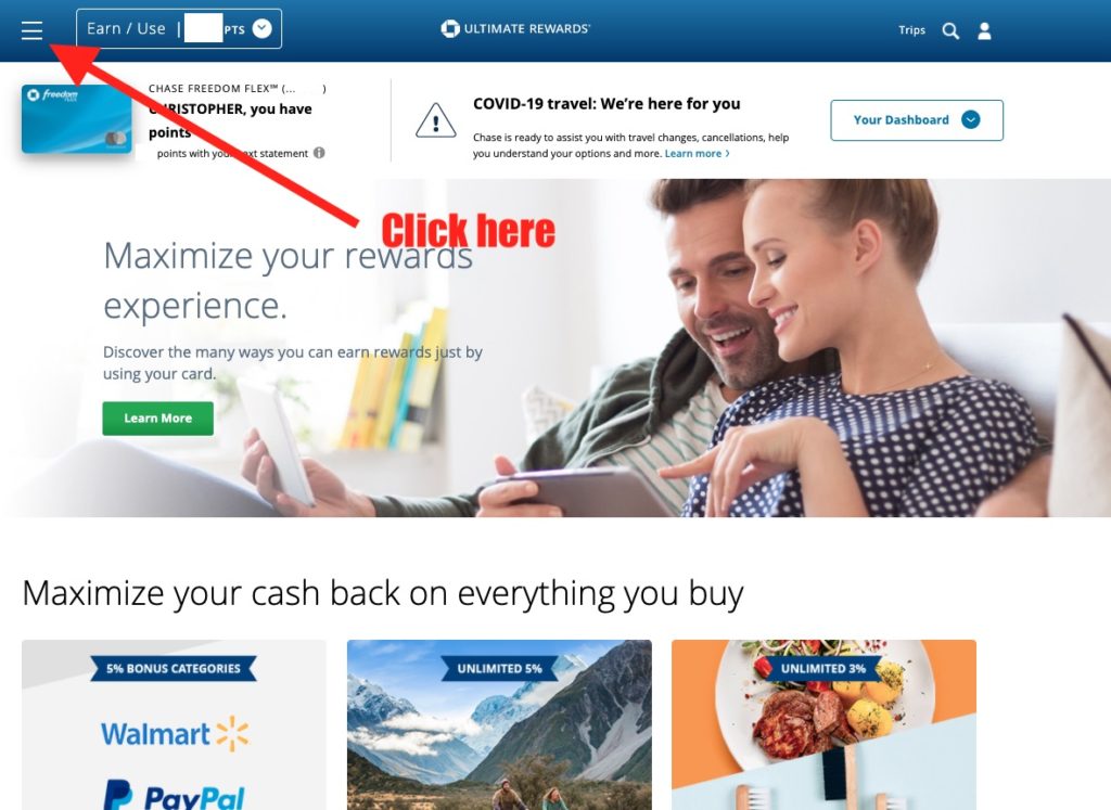 Select the hamburger menu to begin redeeming Chase Freedom Flex® Ultimate Rewards points.