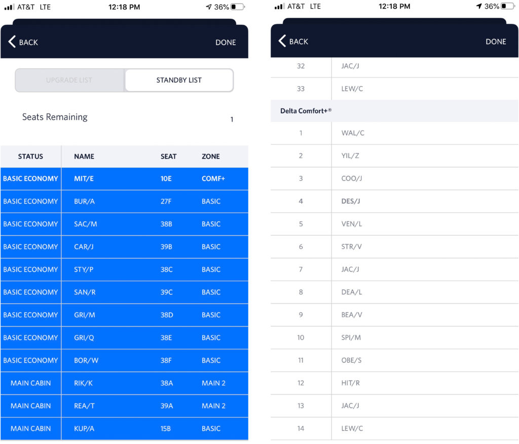 DTW to SLC flight upgrade and standby lists from the Fly Delta app indicate Basic Economy passengers were upgraded to Comfort+ ahead of Medallion status holders.