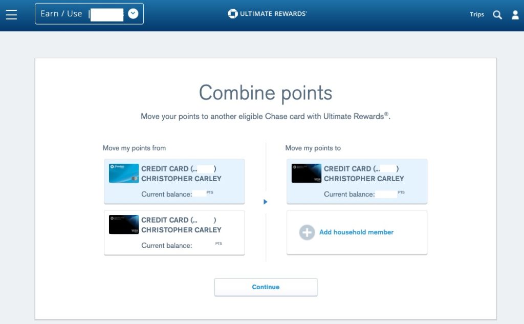 Choose a Chase Ultimate Rewards® card from which to transfer points and which card will receive them.