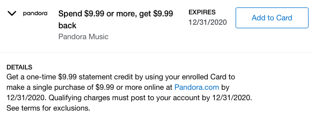 Get a $9.99 statement credit with this Pandora Amex Offer available through December 31, 2020.