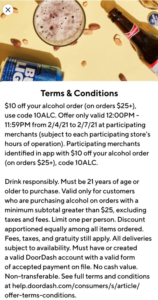 Save $10 off eligible DoorDash alcohol orders of $25 or more through February 7.