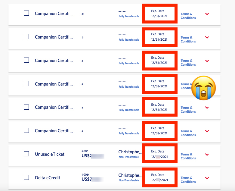 Companion Certificates and travel vouchers expiring in 2021 on Delta.com.