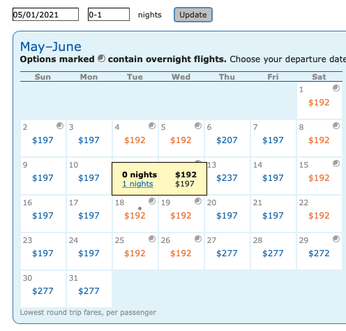 Delta Mileage Run dates from Atlanta to Las Vegas in May 2021