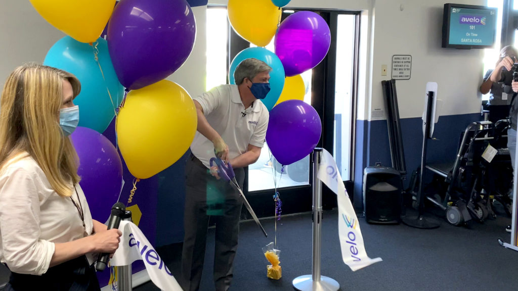 CEO & Founder of Avelo Airlines Andrew Levy cuts a ribbon at a ceremony prior to the first Avelo passenger flight. The trip traveled from Hollywood Burbank Airport in Burbank, California (BUR) to Charles M. Schulz–Sonoma County Airport in Santa Rosa, California (STS) on Wednesday, April 28, 2021.