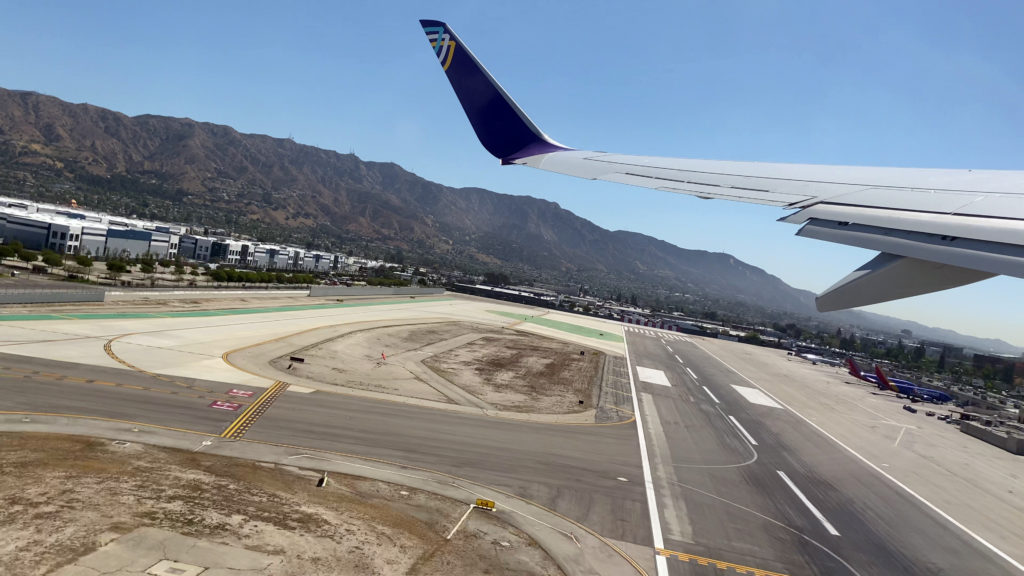 Avelo Airlines' first passenger flight takes off from runway 15 at Hollywood Burbank Airport in Burbank, California, (BUR). The trip traveled from Hollywood Burbank Airport in Burbank, California, (BUR) to Charles M. Schulz–Sonoma County Airport in Santa Rosa, California (STS) on Wednesday, April 28, 2021.