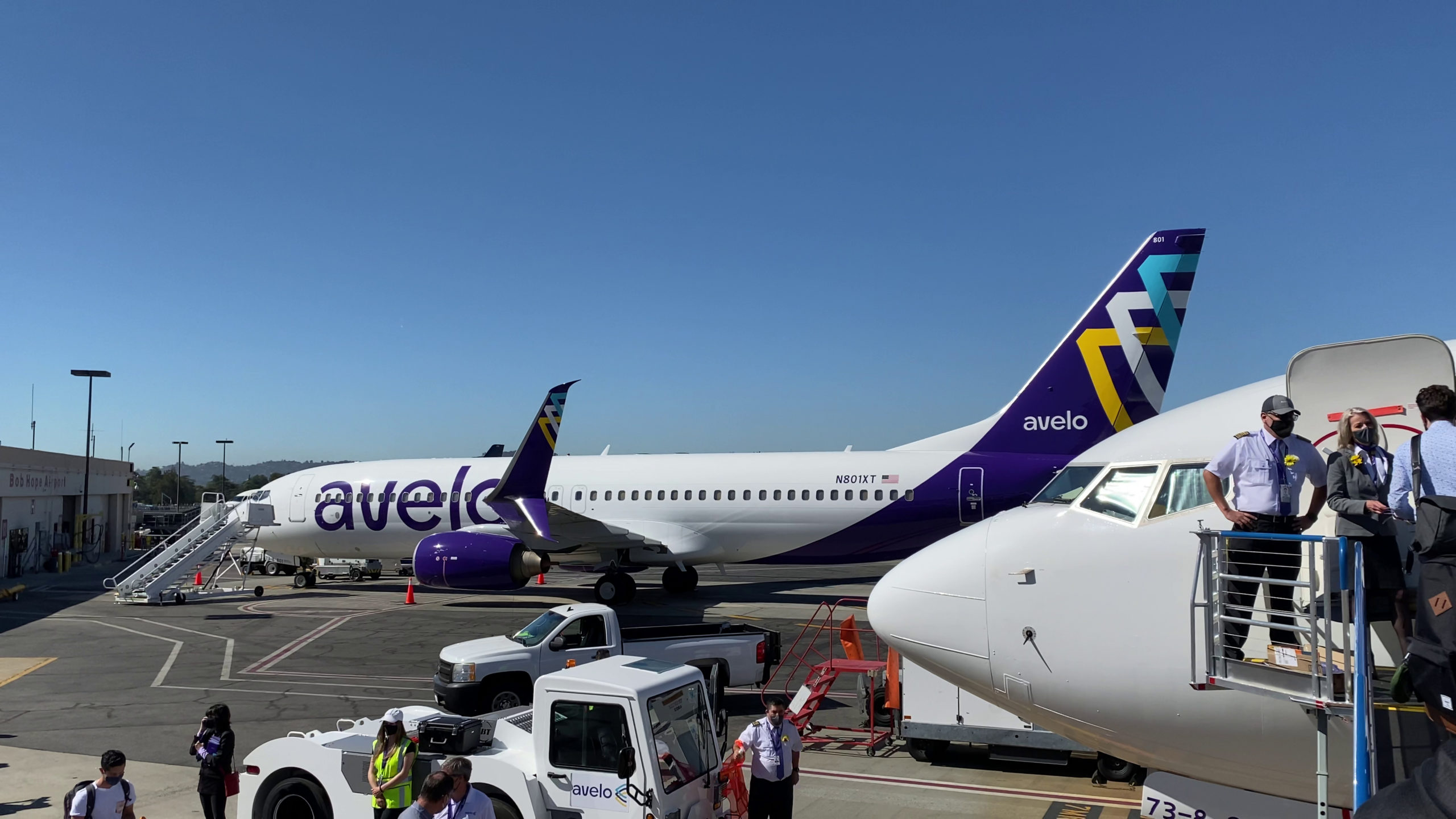 Two Avelo Airlines Boeing 737-800 aircraft -- the current entire fleet for Avelo -- are seen at Hollywood Burbank Airport in Burbank, California, (BUR), prior to Avelo's first passenger flight. The trip traveled from Hollywood Burbank Airport in Burbank, California, (BUR) to Charles M. Schulz–Sonoma County Airport in Santa Rosa, California (STS) on Wednesday, April 28, 2021.