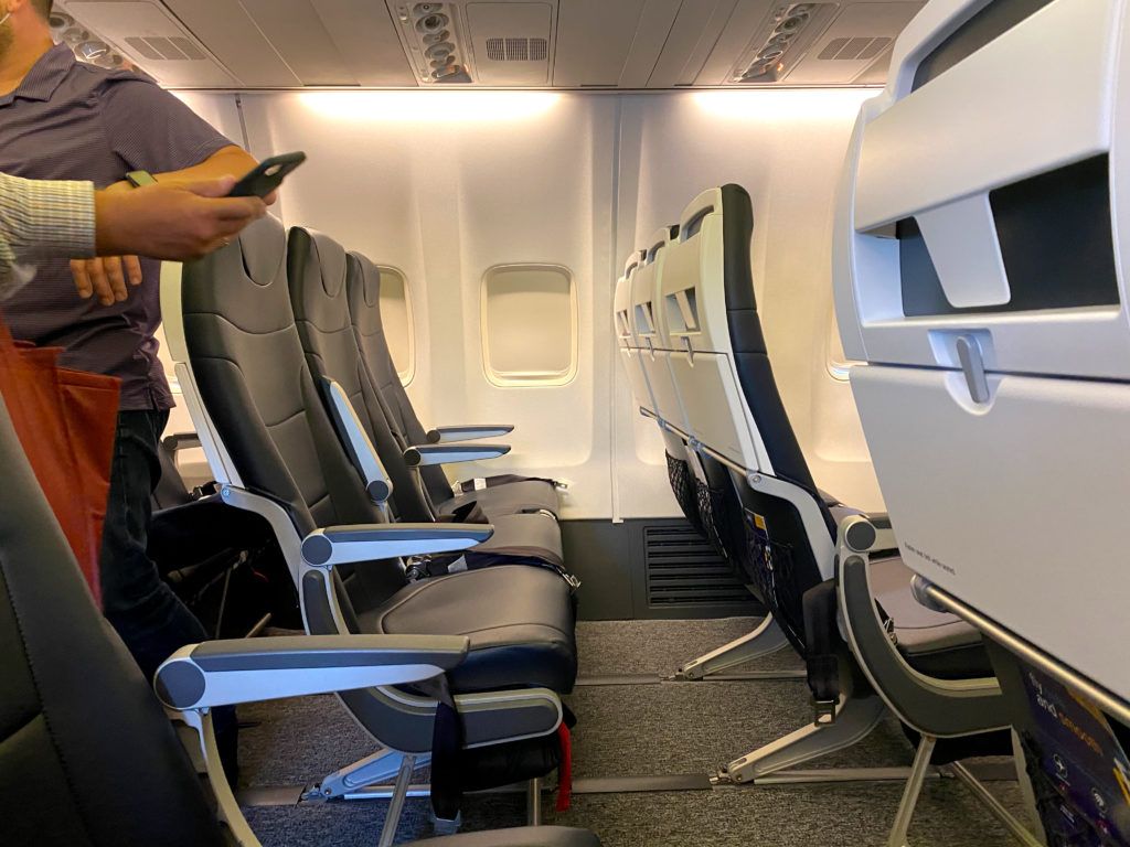 Seats on an Avelo Airlines flights are seen at the completion of the airline's second passenger flight, XP102. The trip traveled from Charles M. Schulz–Sonoma County Airport in Santa Rosa, California (STS) to Hollywood Burbank Airport in Burbank, California (BUR) on Wednesday, April 28, 2021.