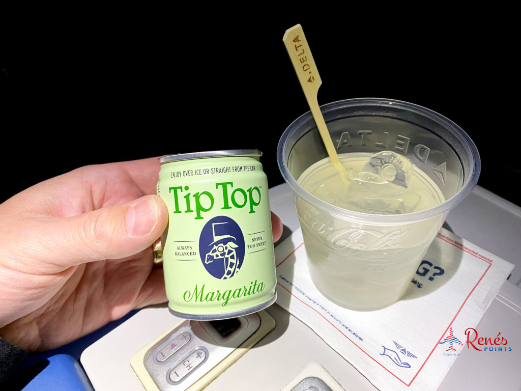 A Tip Top Proper Cocktails canned margarita is served in first class onboard a Delta Air Lines 737-800 flight from Salt Lake City (SLC) to Los Angeles (LAX).