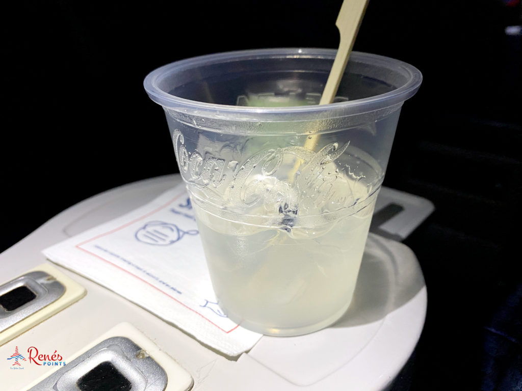 A Tip Top Proper Cocktails canned margarita is served in first class onboard a Delta Air Lines 737-800 flight from Salt Lake City (SLC) to Los Angeles (LAX).