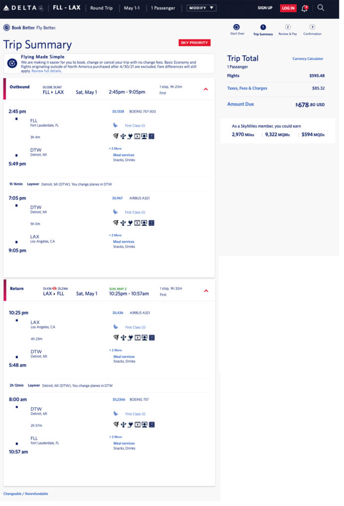 Ft. Lauderdale (FLL) to Los Angeles (LAX) Delta elite mileage run in first class.