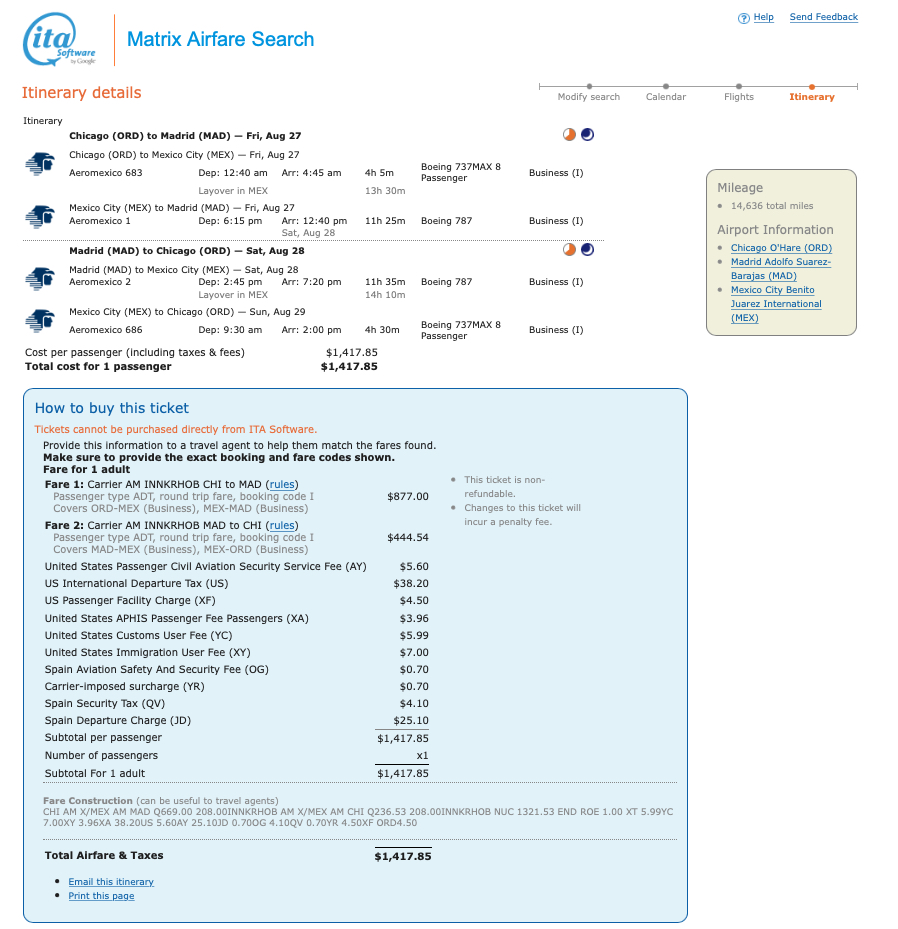 Chicago to Madrid AeroMexico mileage run earning Delta MQD and MQM.