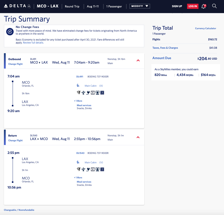 Delta mileage run from Orlando to LAX