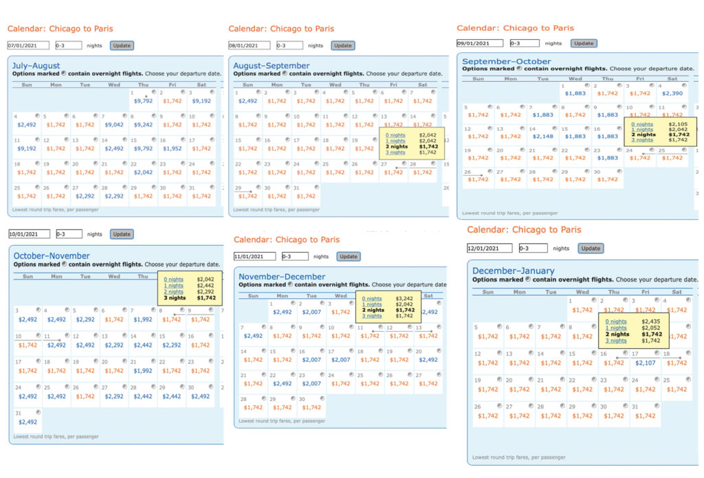 Dates for long weekend mileage runs from Chicago to Paris during December 2021.