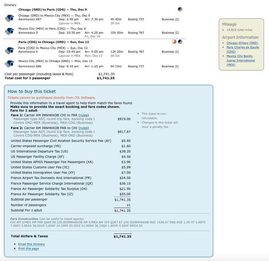 Long weekend mileage run from Chicago to Paris during December 2021.