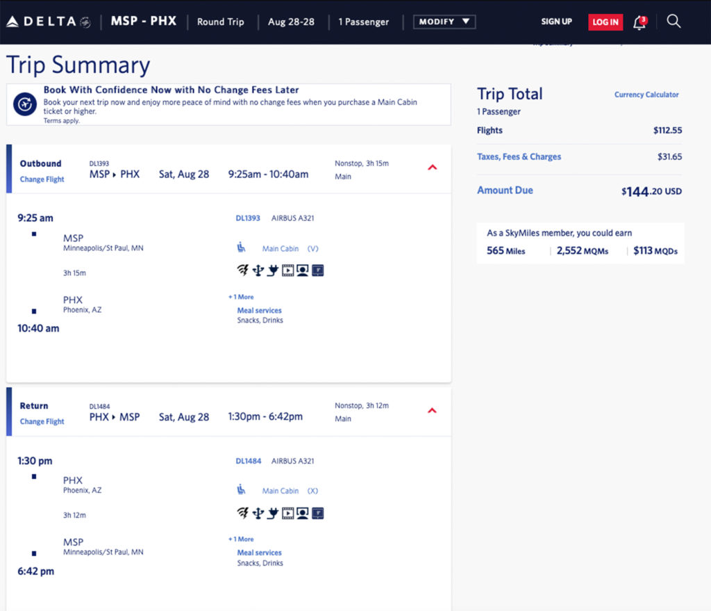 Delta mileage run from Minneapolis to Phoenix