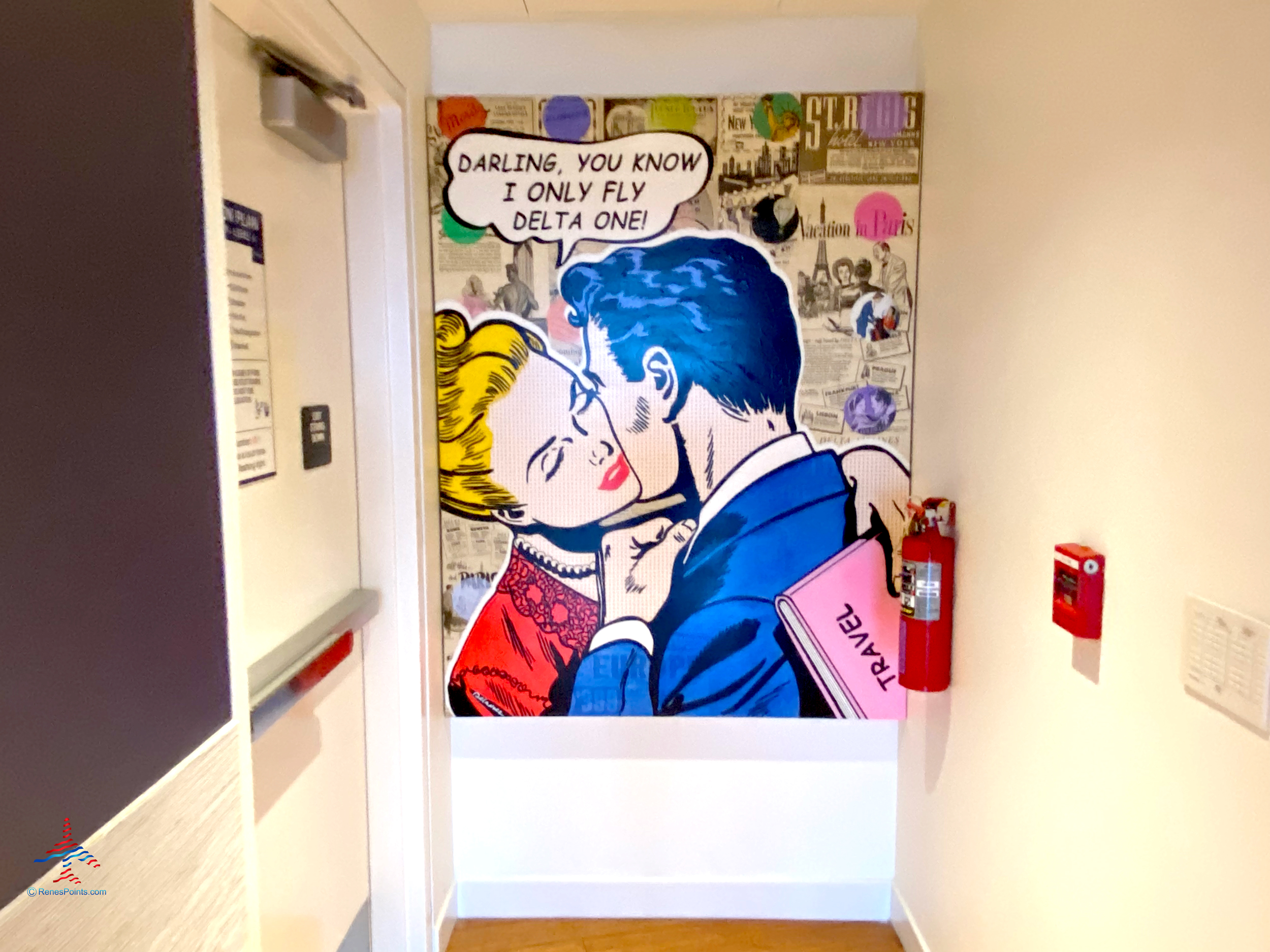 Artwork of a woman telling a man, "Darling, you known I only fly Delta One!" is seen inside the Delta Sky Club “satellite” annex airport lounge inside Terminal 2 (T2) at Los Angeles International Airport (LAX) in Los Angeles, CA.